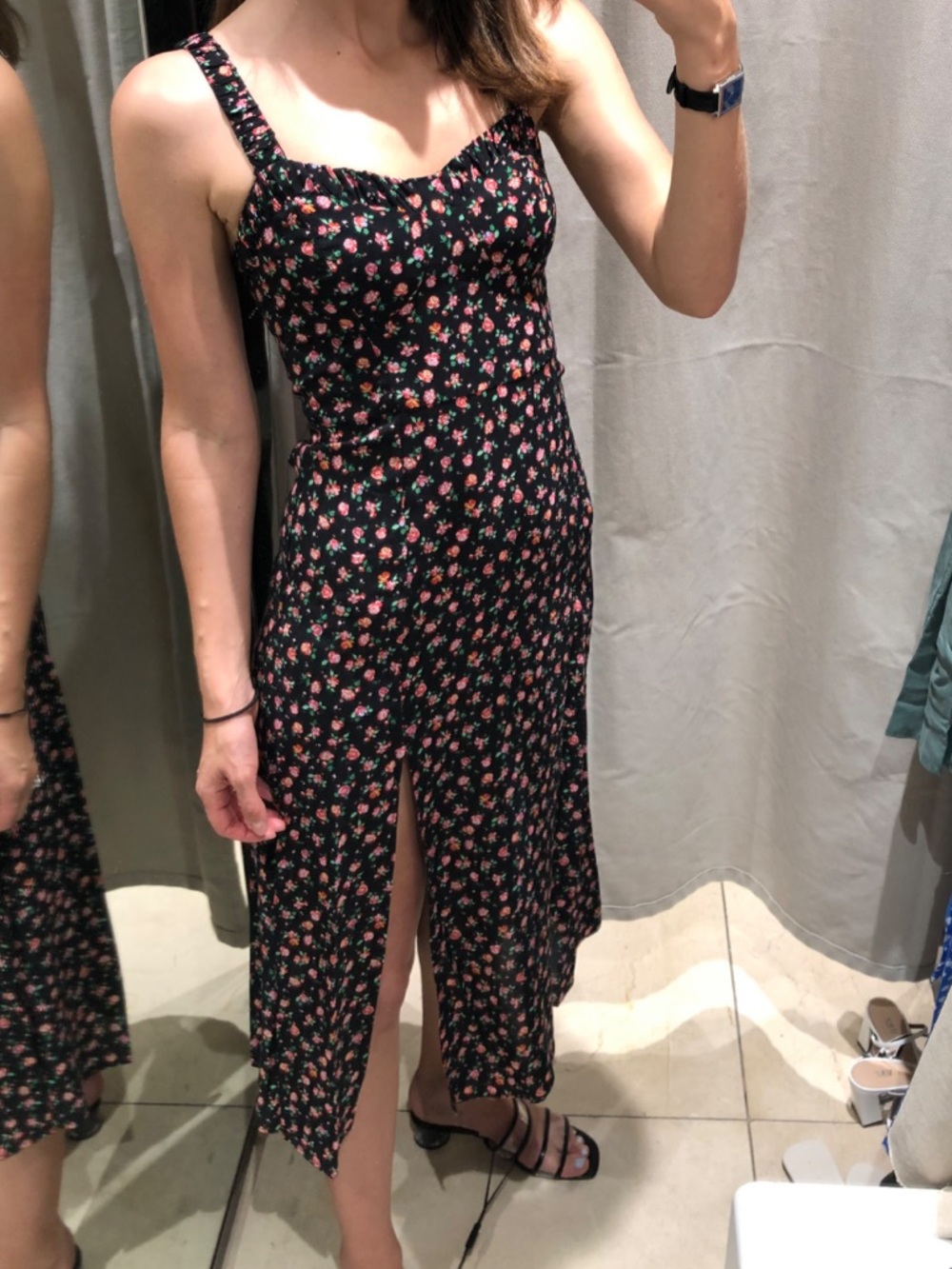 ZARA Black Floral Midi Dress Ruched Straps Size M